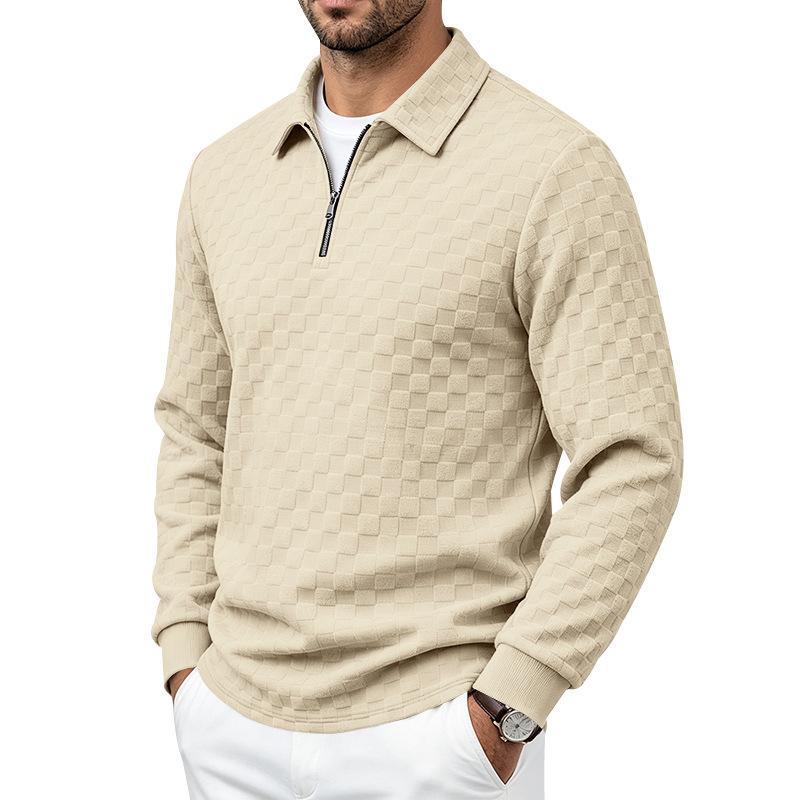 Men S Casual Loose Checkerboard Jacquard Half Zip Long Sleeve Polo Sweatshirt