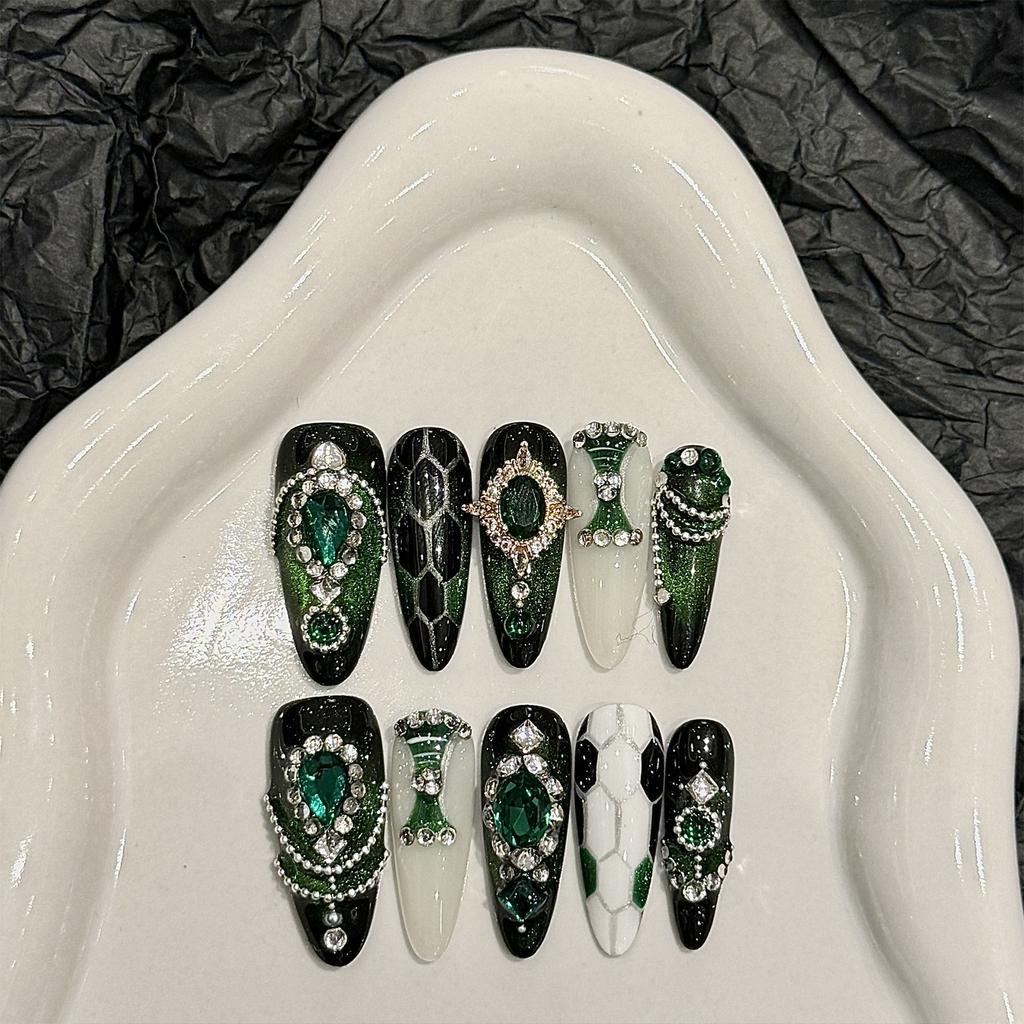 10Pcs Handmade False Nails Medium Long Pointy Style Emerald Green Color