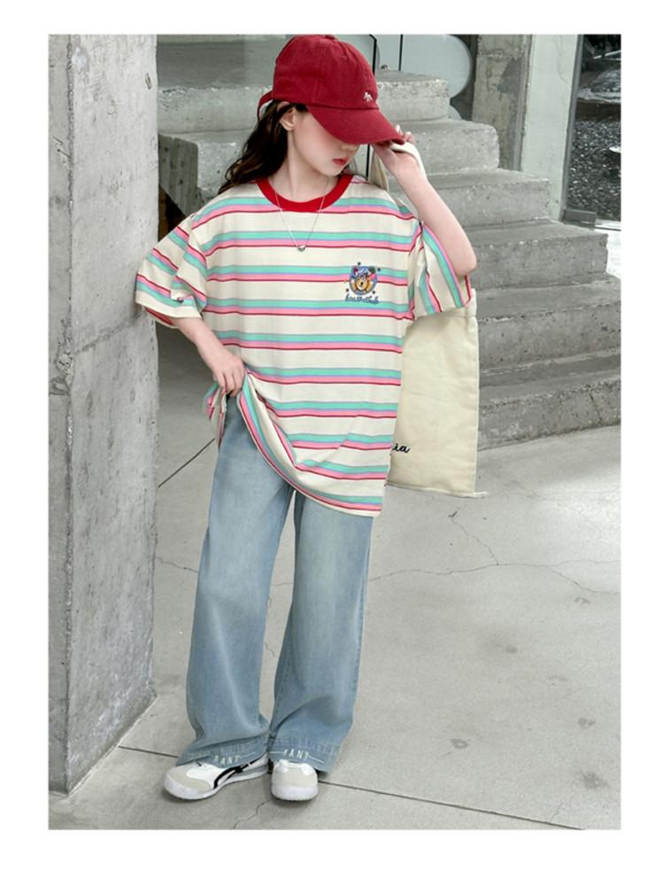 Girls' Summer Retro Striped Short-Sleeved T-Shirt