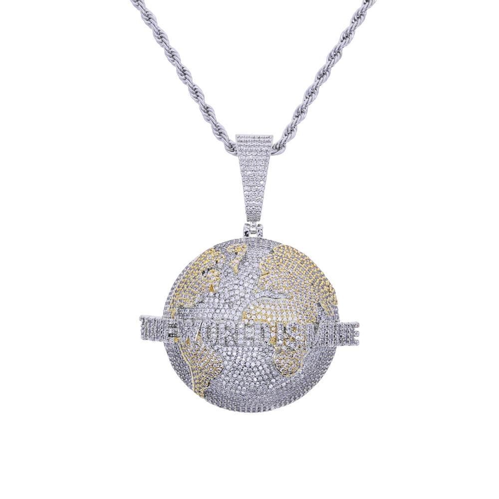 2 Tone Round Brass Pendant Men Hip Hop Necklace Full Bling Cubic Zirconia CZ Fashion Jewelry