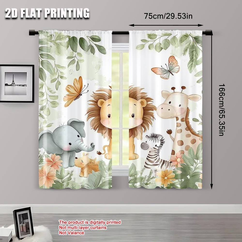 2pcs   spring summer Curtains Cute Lion Elephant Giraffe Zebra Light Filtering Sheer Curtains Versatile Fabric Room Decor Perfect