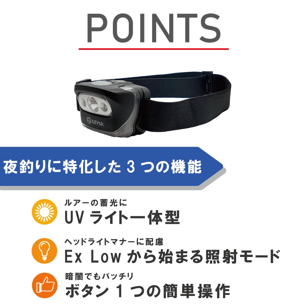 Налобный фонарь MYsk UV в Люменах Часы Пылезащищенный и Встроенный УФ Требуется 3 ААА [Разработано в Японии, 5-200 Яркость, 4-36 Работа, Водостойкий,