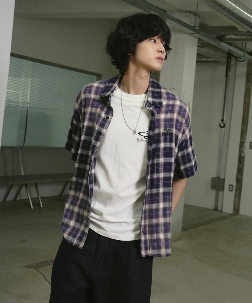 TRAVEL Spray Check Short Sleeve Shirt Navy