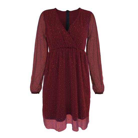 Women Spring Fall Dress Deep V Neck Long Mesh Sleeve Shiny Sequin Lantern Sleeve Double-layered Tight Waist Prom Cocktail Party Mini Dress