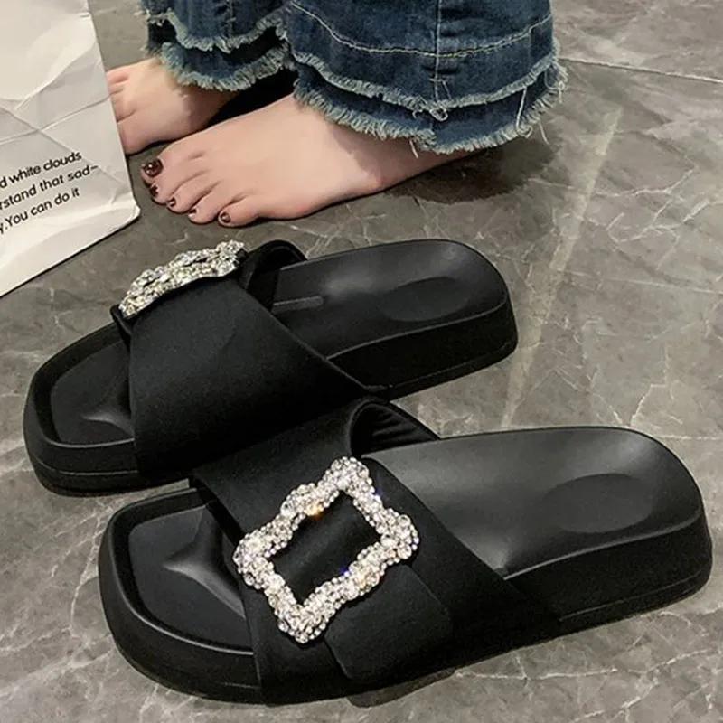 Модные женские тапочки с кристаллами и пряжкой, черные, хаки, бежевые, без застежек, модные шлепанцы, повседневные сандалии, удобные туфли со стразами