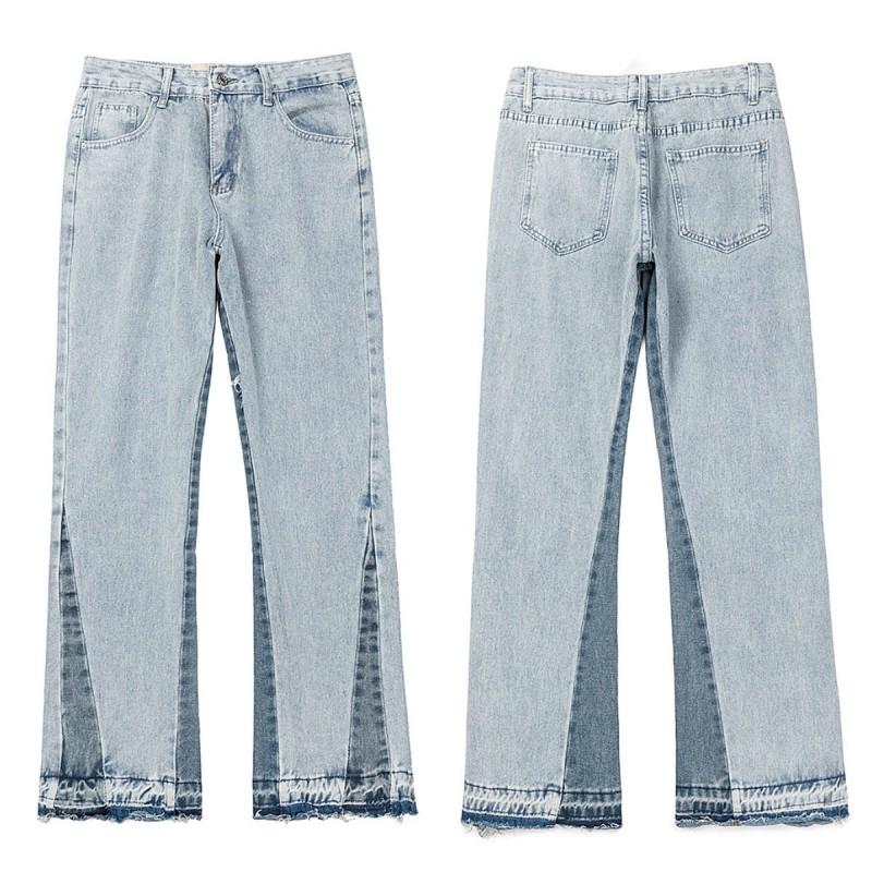 High-Quality Washed Denim Jeans Men Women Slim Flare Leg Black Blue Color Block Mid-Rise Cotton Blend