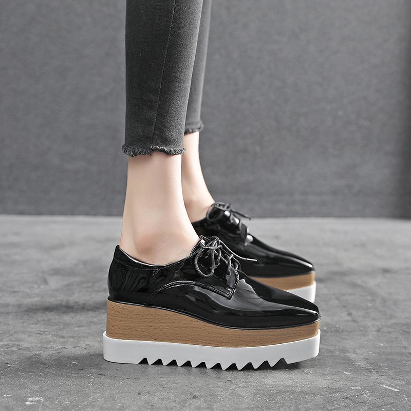 Туфли на танкетке и платформе в японском стиле - весна/осень 2025 г., водонепроницаемая кожа, на шнуровке, для женщин, британский стиль.