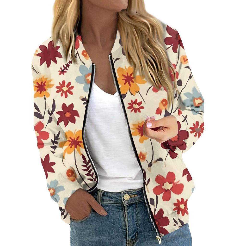 Женская куртка с длинным рукавом, легкая, на молнии, укороченная, с цветочным принтом, верхняя одежда, повседневная, стеганая куртка с карманами