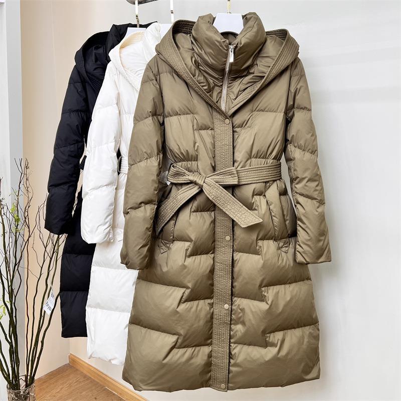 Solid Color Casual Hooded Long Down Coat Knee-length Thickened Slim-fit Slimming Waist Warm Down Coat