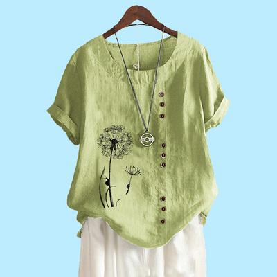 Женская мода с коротким рукавом, хлопковая льняная блузка, лето и осень, мода, цветочный принт, свободная футболка