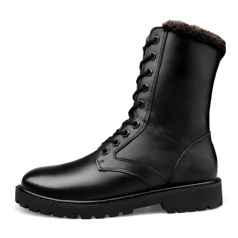 Cotton High-top Tall Cowhide Martin Boots Flat-bottomed Round Boots Work Outdoor Lace-up Side Zipper Hollow Boots Men