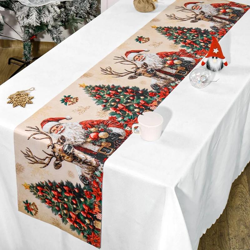 Retro Santa Claus Table Cover Vintage Christmas Table Runner Navidad Noel New Year Home Decorations Gift