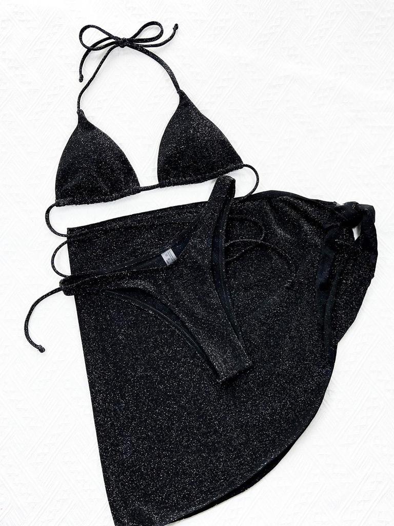 Блестящий сверкающий бикини с запахом, женский купальник, женский купальник, комплект бикини из трех частей, саронг, купальный костюм, купальный костюм