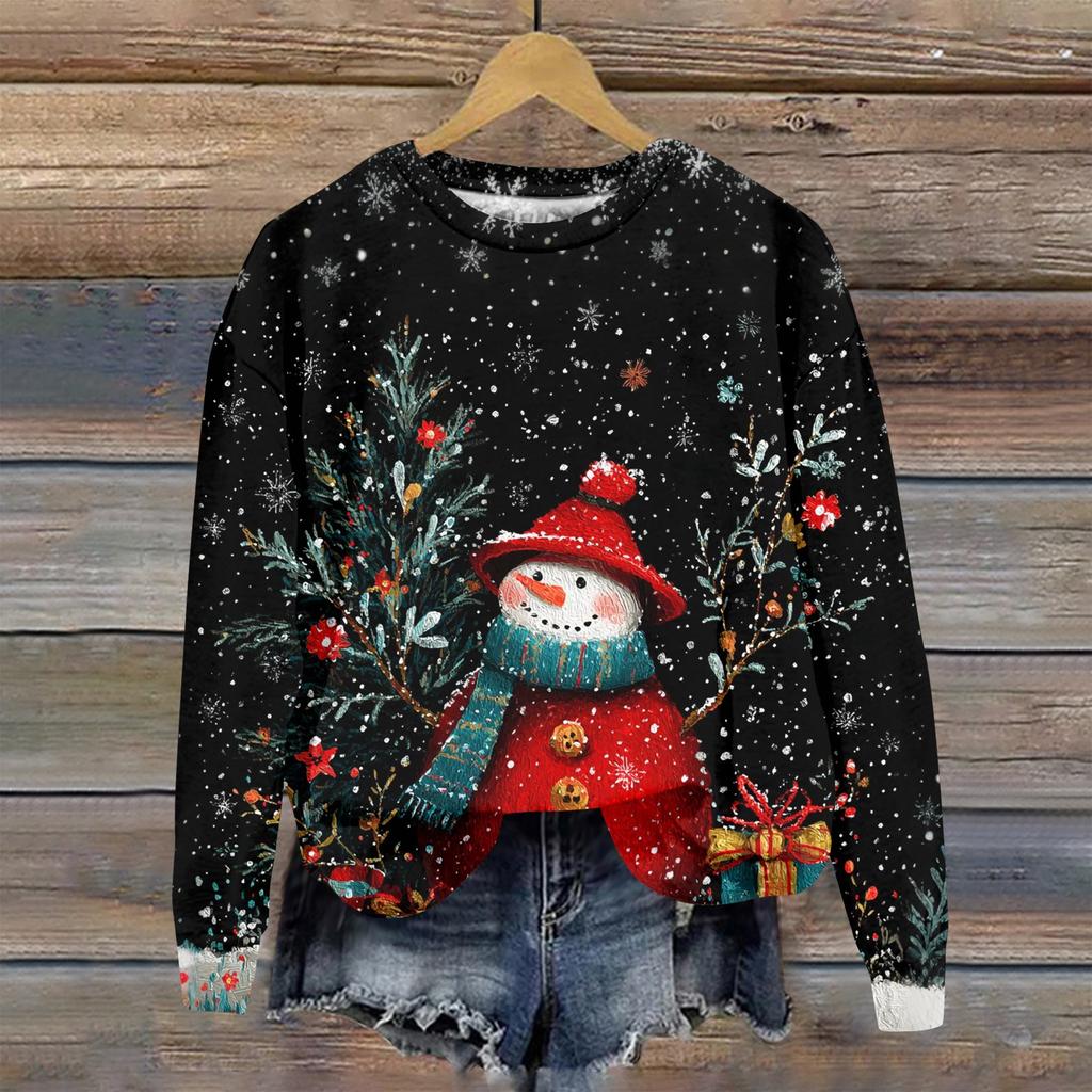 Women's Fashion Christmas Printed Long Sleeve Loose Round Neck Sweatshirt Top