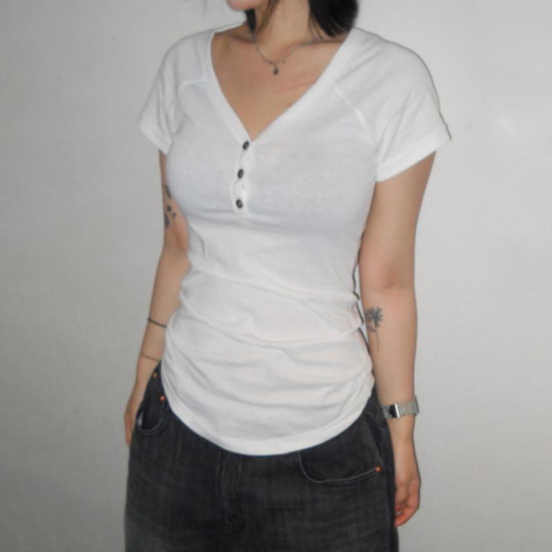 Корейская мода Полосатый V-образный вырез на пуговицах Приталенные футболки Женский летний топ с коротким рукавом Футболки Эстетика Y2K Новинка