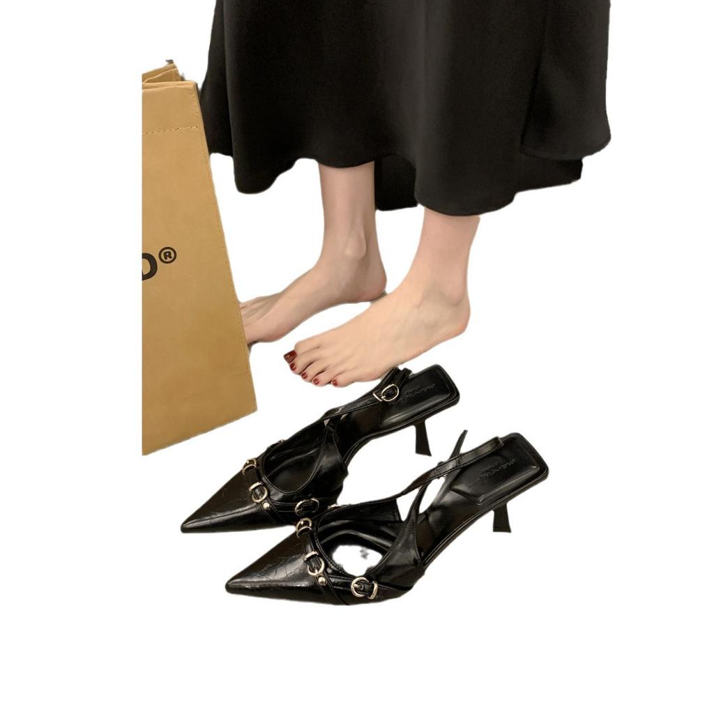 Босоножки на высоком каблуке Baotou с неглубоким ртом, весна 2025, новый задний носок, пустой тонкий каблук, темперамент, знаменитости, заостренные одинарные туфли, женская обувь