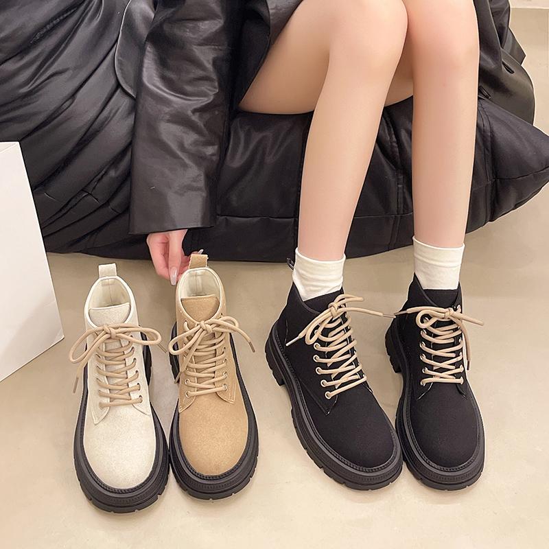 Женские ботинки 2024 Осень Новые Кожа Замша Массивные Женские Короткие Ботинки Британский Стиль Женские Мотоциклетные Ботинки Размер36-42