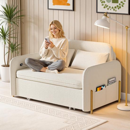 Convertible Sleeper Sofa 3-In-1 Bed, Boucle Loveseat with Put Out Bed And Drawer, Couch Love Seat Side Pockets, 2 Pillows, USB Ports Gold Metal Legs,