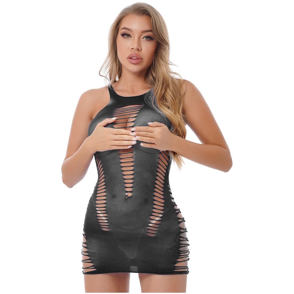 Womens Hollow Out Babydoll Mini Dress Sleeveless Bodycon Clubwear Nightgown Sleepwear