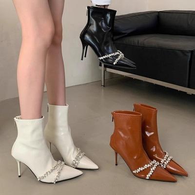 Модные ботильоны на высоком каблуке Осень Зима Новые Стразы Французские Ботильоны Женские Сапоги на Высоком Каблуке