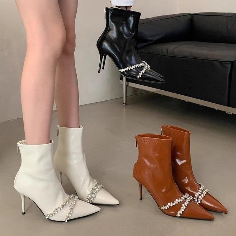 Модные ботильоны на тонком каблуке со стразами, женская мода, заостренный носок, молния сзади, противоскользящие, износостойкие, высокие