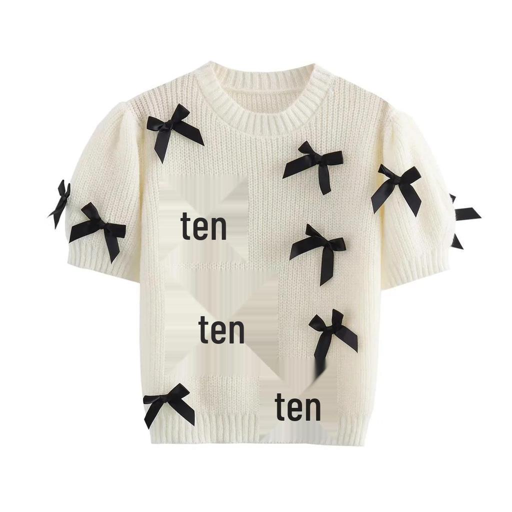 2025 Весна/Лето Женский Повседневный Однотонный Свитер с Круглым Вырезом и Коротким Рукавом-Фонариком