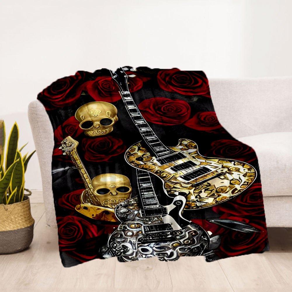 Golden Skull Guitar with Red Roses BackgroundBlanket Flannel Throw Blanket for Sofa, Bed, Travel, Camping, Office