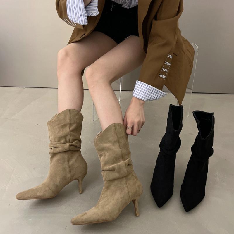 Fashion 2024 Spring and Autumn New Matte Leather Pointed Solid Color Fashion Versatile Comfortable Women's Mid Top Boots Single Boot