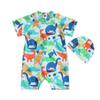 Kid Boy Swimming Romper, Beach Summer Swimwear 1Y 2Y 3Y 4Y 5Y 6Y Short Sleeves Round Neck Cartoon Dinosaur Print Swimsuit Shorts + Cap