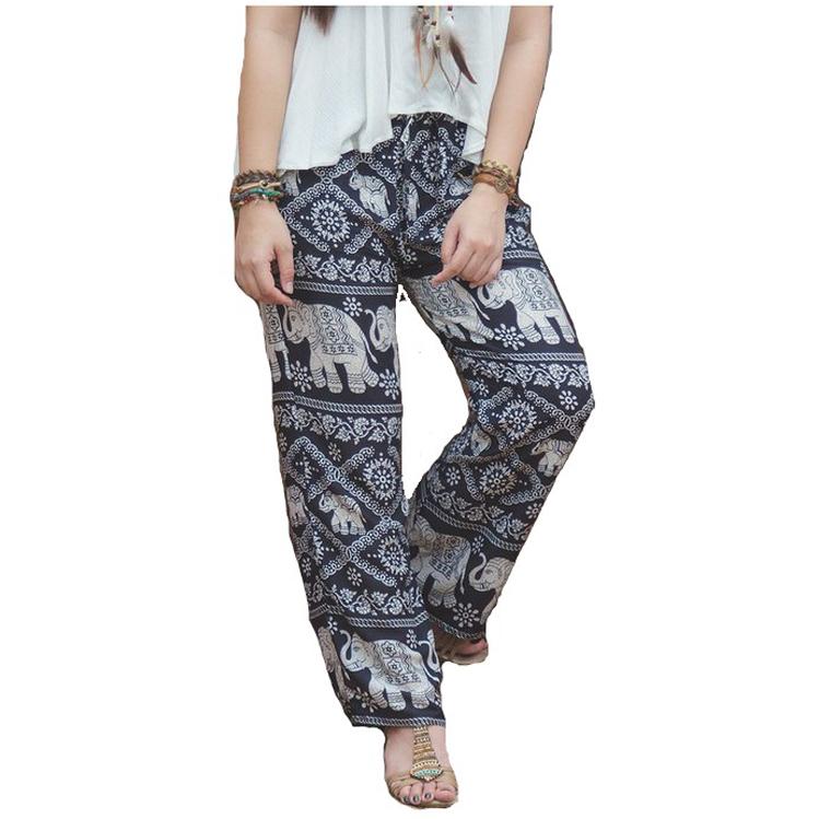 Hippie-chic Pants with Elephant Print, One Size with a Drawstring, a Unisex Model. Navy Blue.
