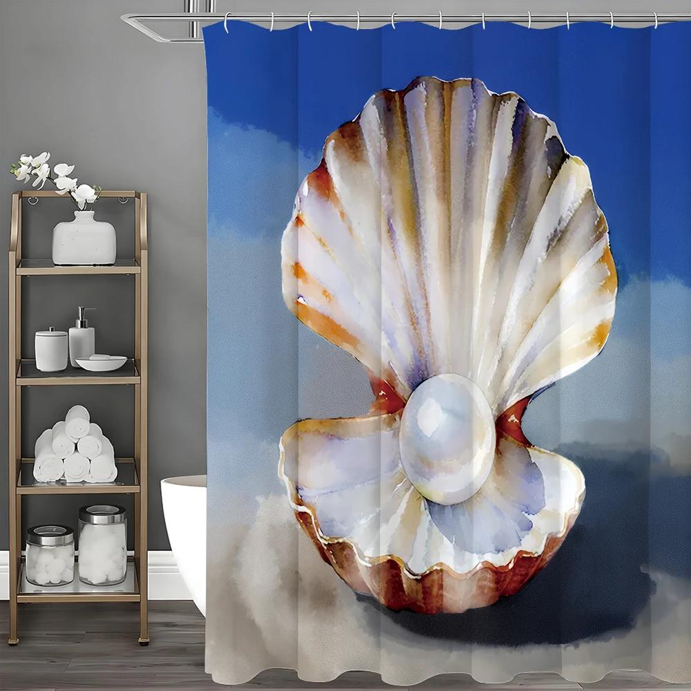 Акварельная шторка для душа с океанской ракушкой и жемчугом, Декоративная шторка для душа для ванной комнаты, Водонепроницаемая шторка для душа с крючками