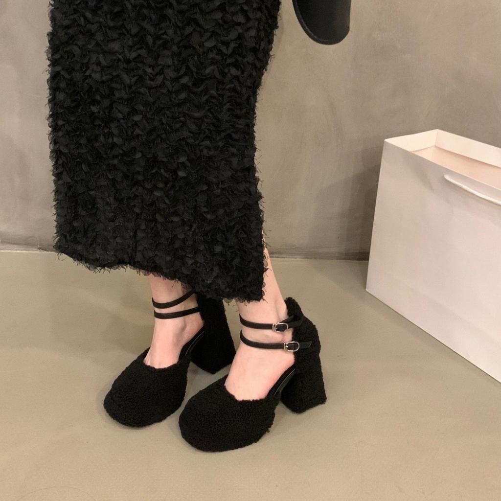 Super High Heel Hot Girl Style Mary Jane Single Shoes Women's Shoes 2024 New Spring, Autumn and Winter Small Thick Heel Fluffy Shoes