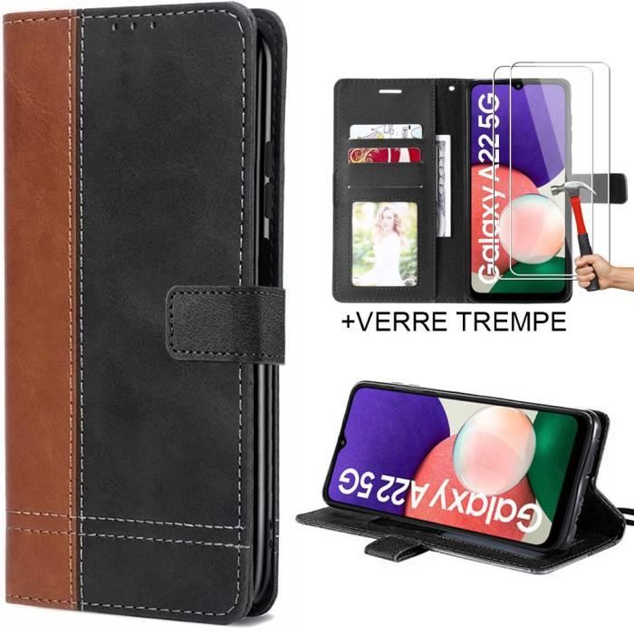 Coque à Rabat pour Samsung Galaxy A22 5G Marron Effet Cuir Bicolore+ 2 Verres Trempés