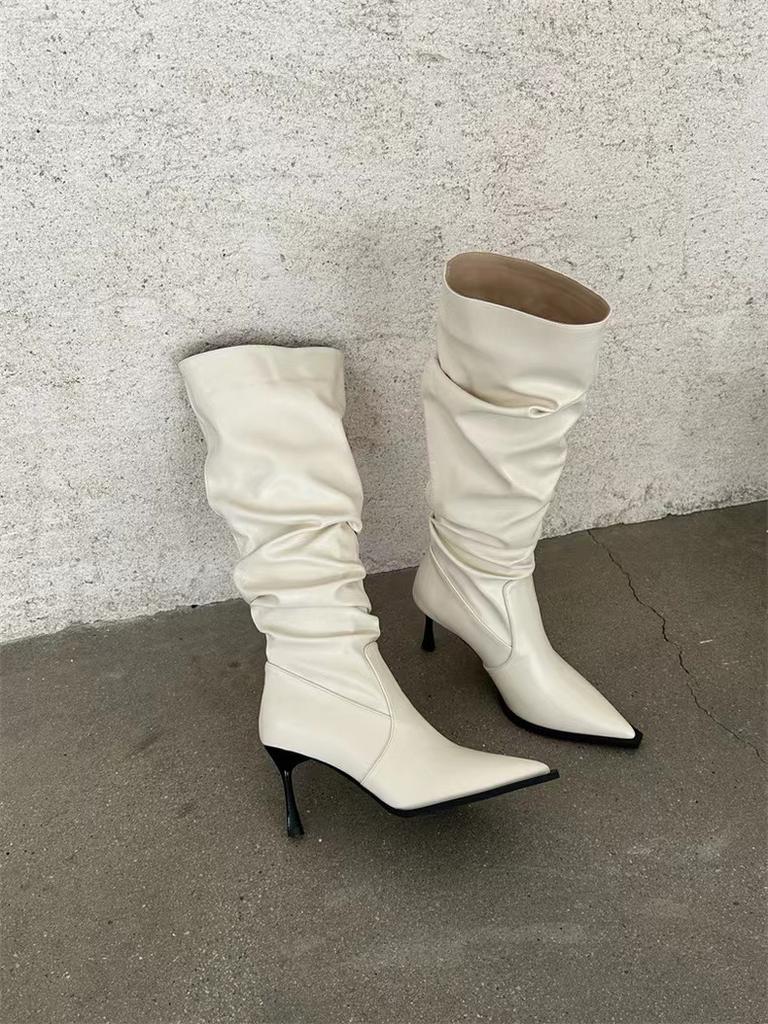 Women's Slouchy Knee High Boots High Heel Slip-on Stiletto Sexy Pointed Toe Tall Booties Womens Wide Calf Kitten Heel Pull On Boots Fall Winter Shoes