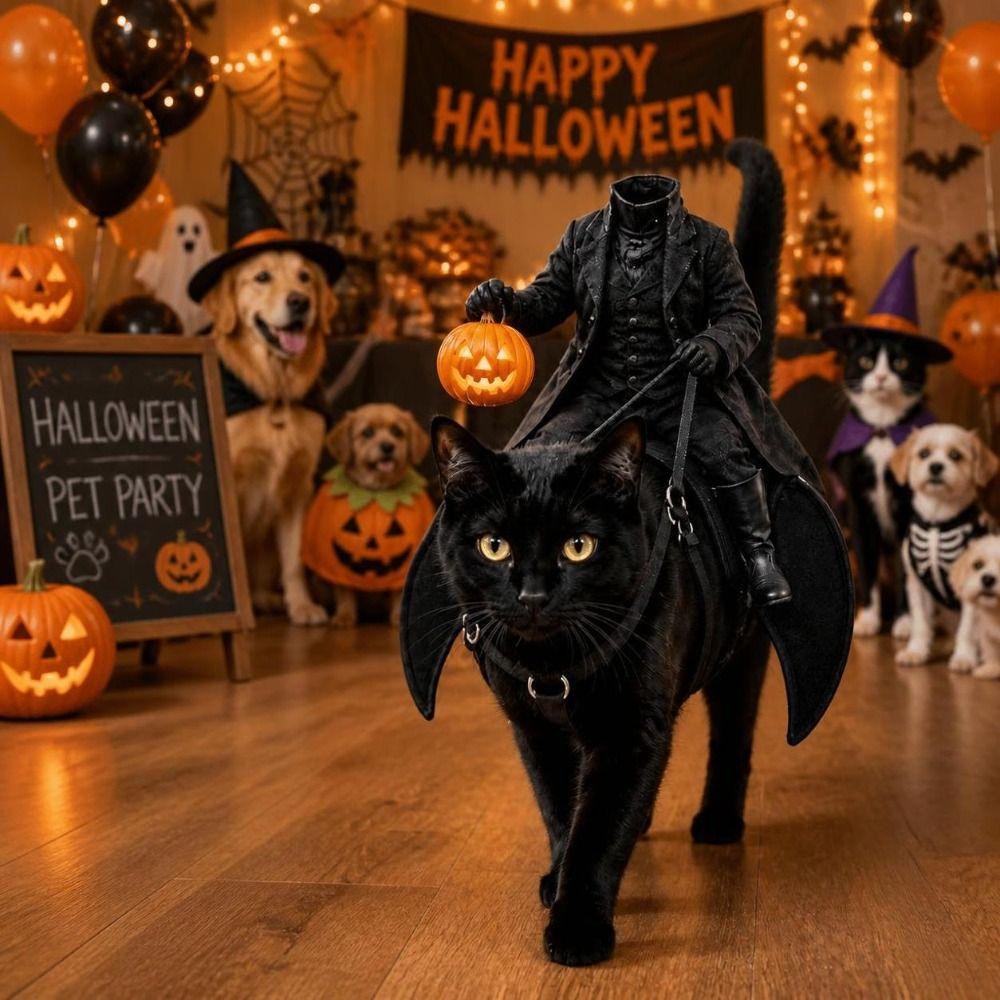 Creative Headless Horseman Cat Costume 3D Cat Saddle Costume Halloween Pet Costume Cosplay Event
