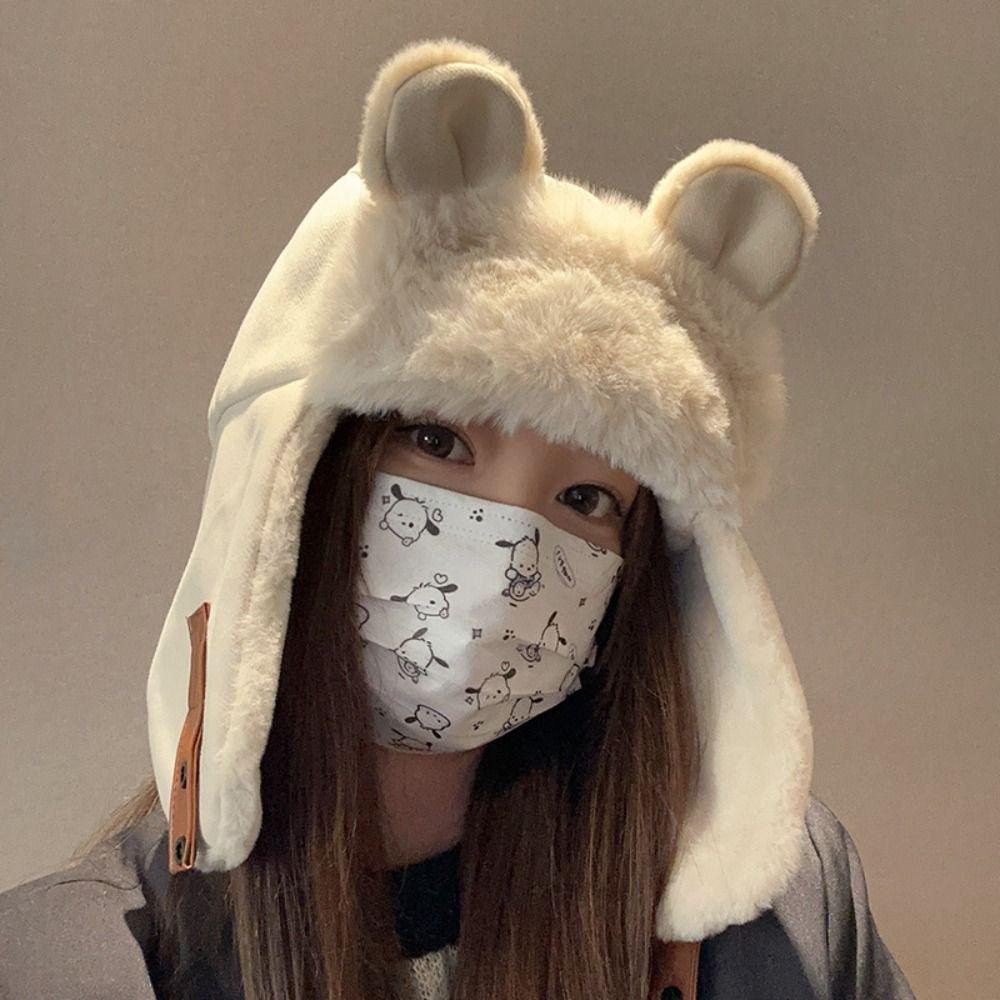 Winter Bear Ear Pilot Hat Plush Ear Protection Hat Outdoor Faux Fur Pilot Cap Men Women