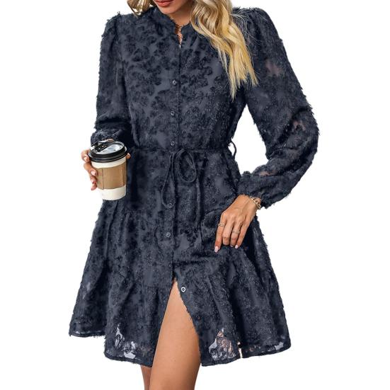 Fall Spring Women Dress Round Neck Lace Applique Long Sleeves Button-down Lace-up Strap Slim Waist A-line Big Hem Dating Party Midi Dress