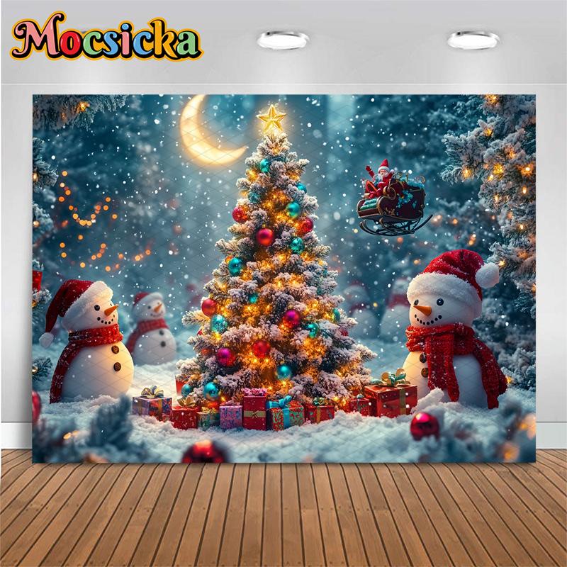 Mocsicka Big Christmas Tree Photography Background Forest Colorful Lamp Gift Party Decoration Snowman Santa Claus Photo Backdrop