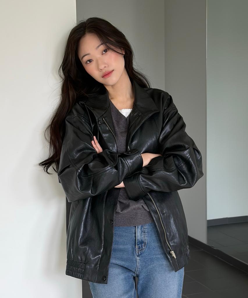 ZEROSTREET Lezero High-Neck Leather Blouson Jacket / Black