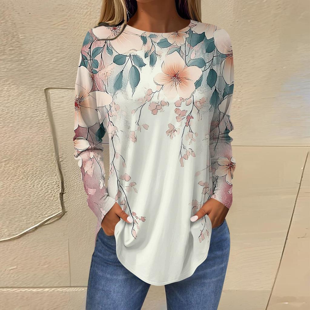Женская свободная футболка с длинным рукавом с круглым вырезом и принтом, верхний пуловер