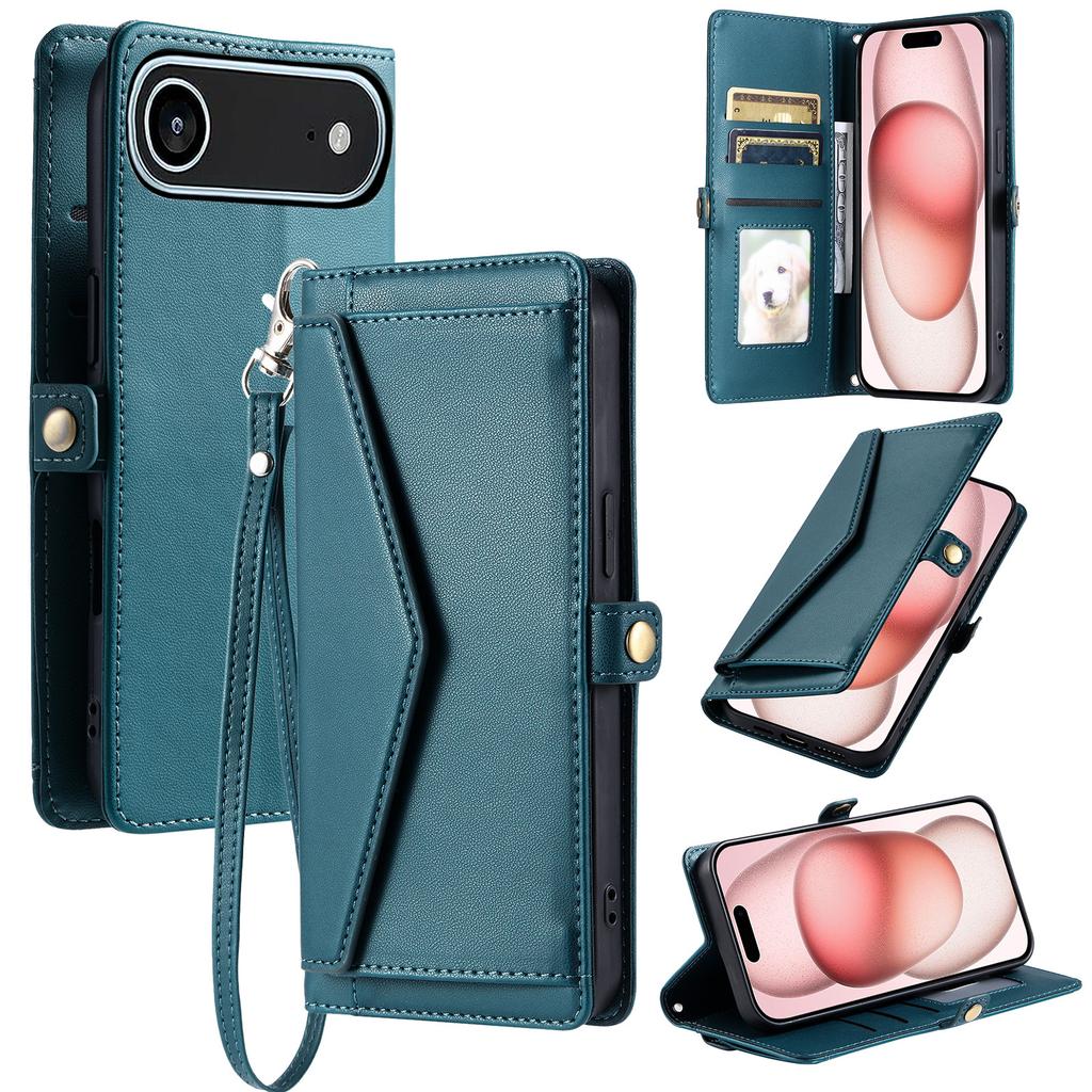 For iPhone 17 Air Leather Case with Wrist Strap Wallet Stand Phone Cover