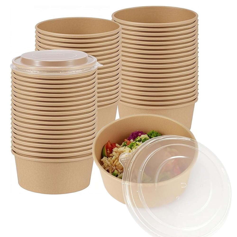 25 Disposable Kraft Paper Soup Serving Microwave and Freezer for Potato and More with Bowls, Bowls, Safe, Salad, Fruit, (750ml Lids)