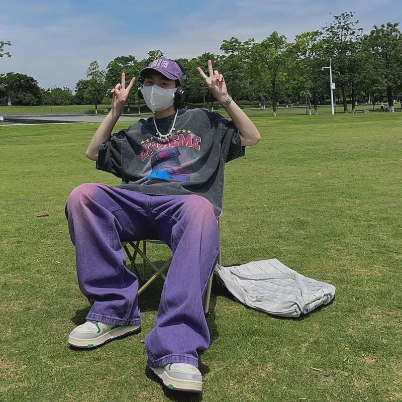 2023 Мужские джинсы в стиле ретро с широкими штанинами фиолетового цвета - Американская уличная мода в стиле хип-хоп