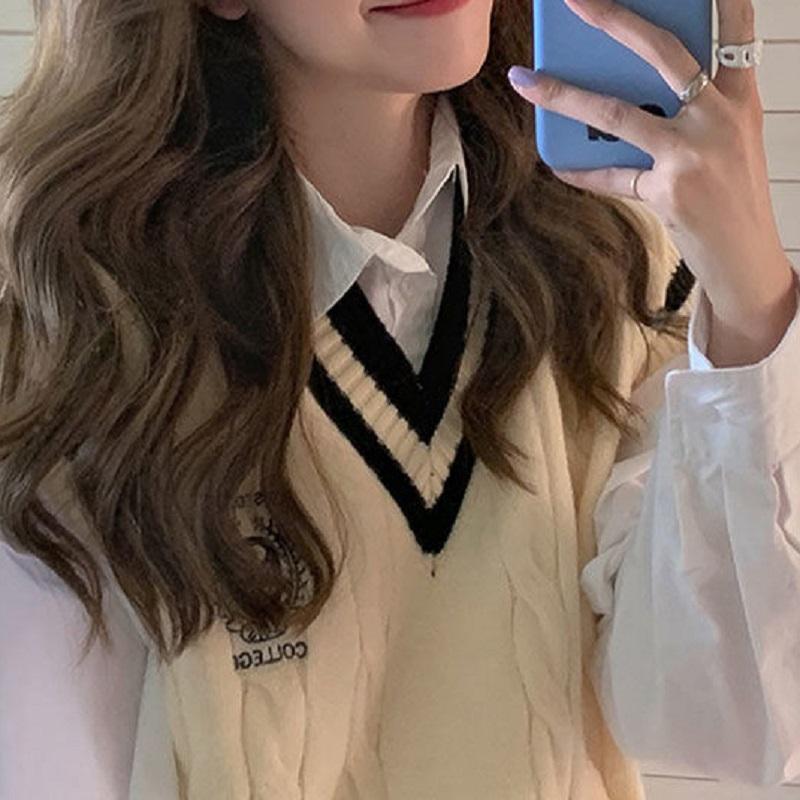 Вязаный свитер в консервативном стиле, жилет с v-образным вырезом, большой размер, корейский модный молодежный джемпер без рукавов, повседневный белый женский пуловер