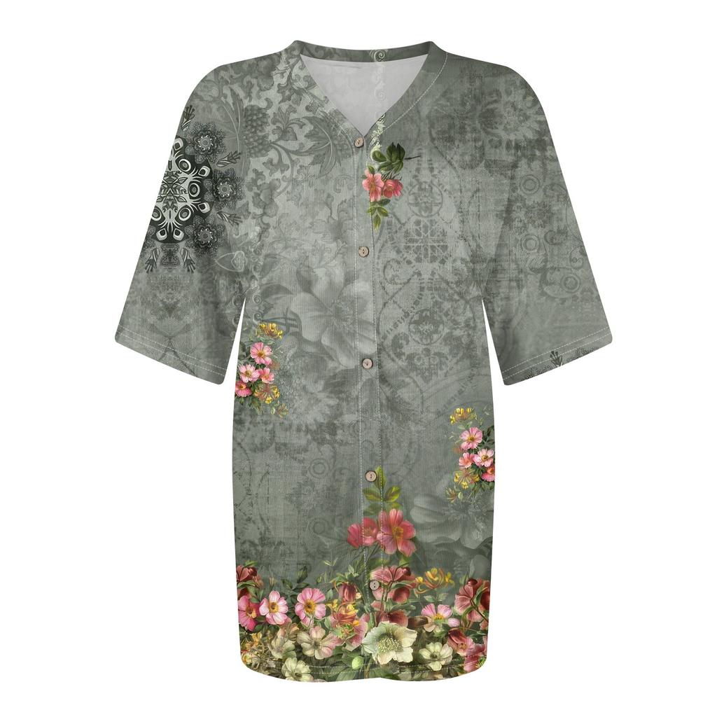 Women's T Shirt Tee Printed Women's Shirts V Neck Short Sleeve Button Up Tunic Tops Blouse