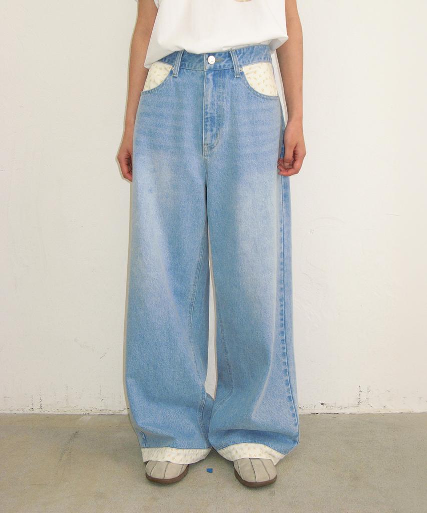 RONRON Floral Lined Wide Denim Pants Light Blue