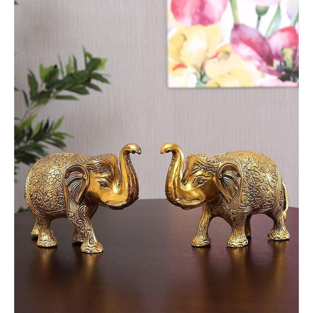 Metal Elephant Statue Small Size Gold Polish 2 Pcs Set for Your Home Decor | Office | Table Decorative | Gift Article | Animal Showpiece