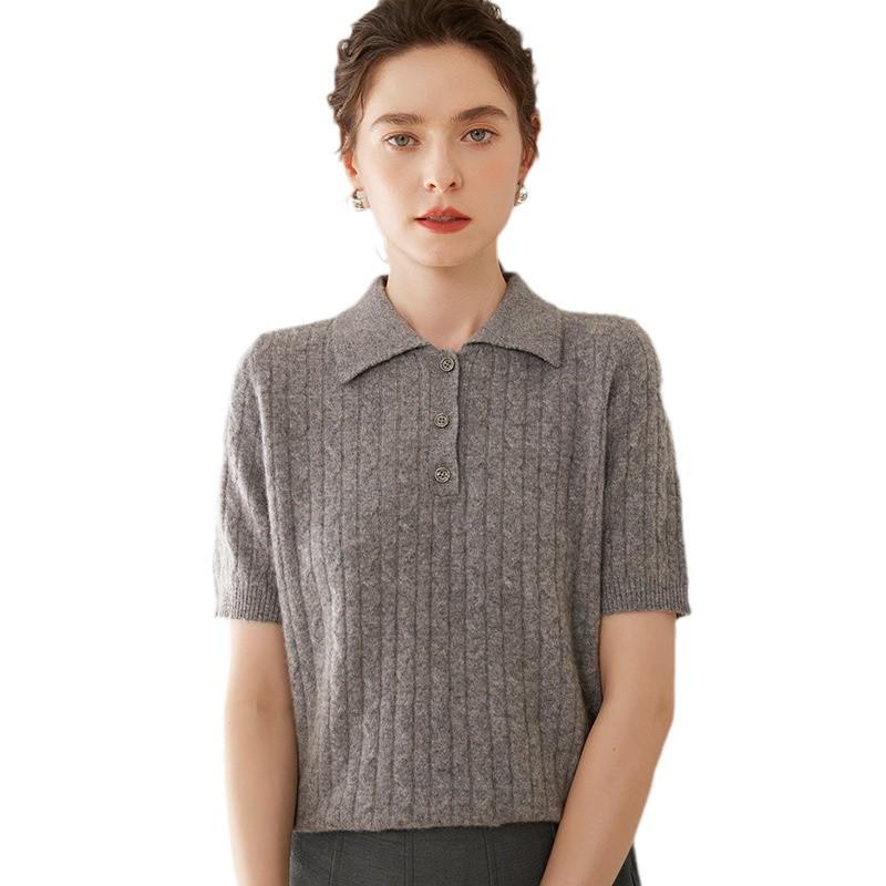 Short-Sleeve Women's Cashmere Polo with Lambswool Collar, Loose Fit, Versatile Cable Knit.