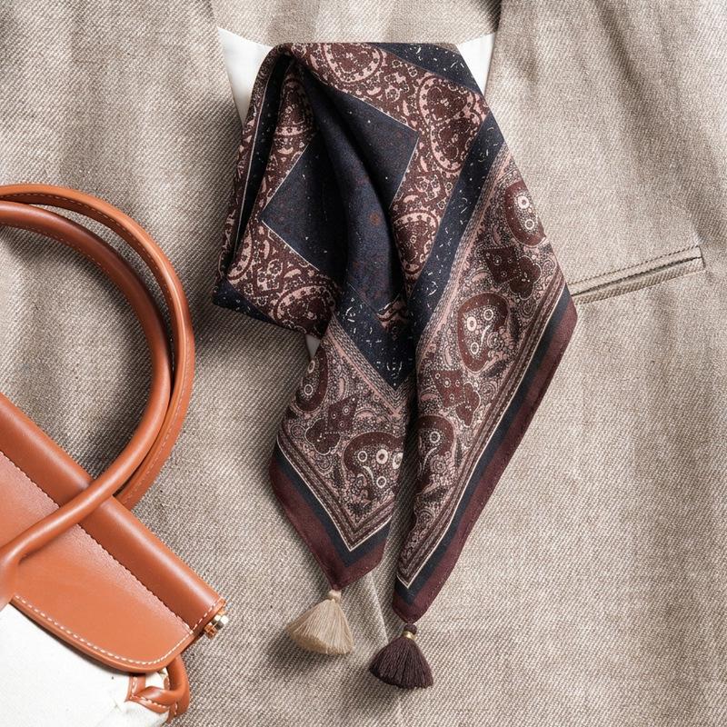 Silk Wool Double-Sided Heterochrome Ethnic Style Retro 70 Velvet Small Square Scarf Silk Scarf Women'S Warm Shawl Light Luxury Scarf Scarf