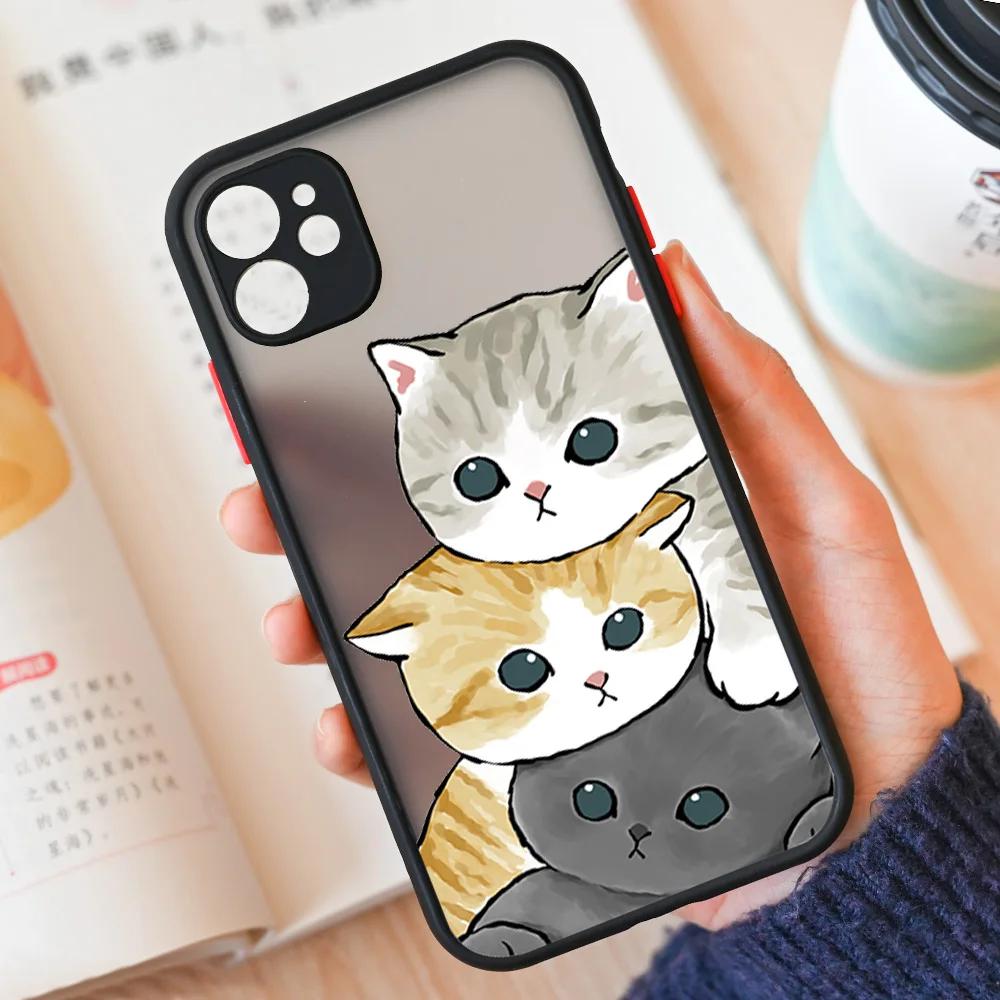 Милый Мультяшный Кот Чехол для Телефона Для iPhone 17 16 15 11 12 14 13 Pro Max Mini X XS XR 7 8 Plus 16E Ударопрочный Жесткий Матовый Чехол Fundas